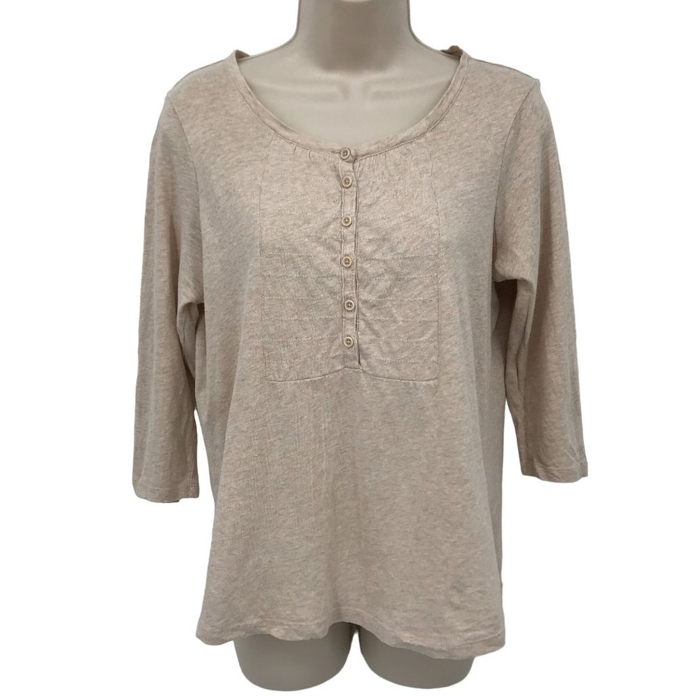 L L Bean Womens Linen Blend Oatmeal Button front 3/4 Sleeve Knit Top Size XS